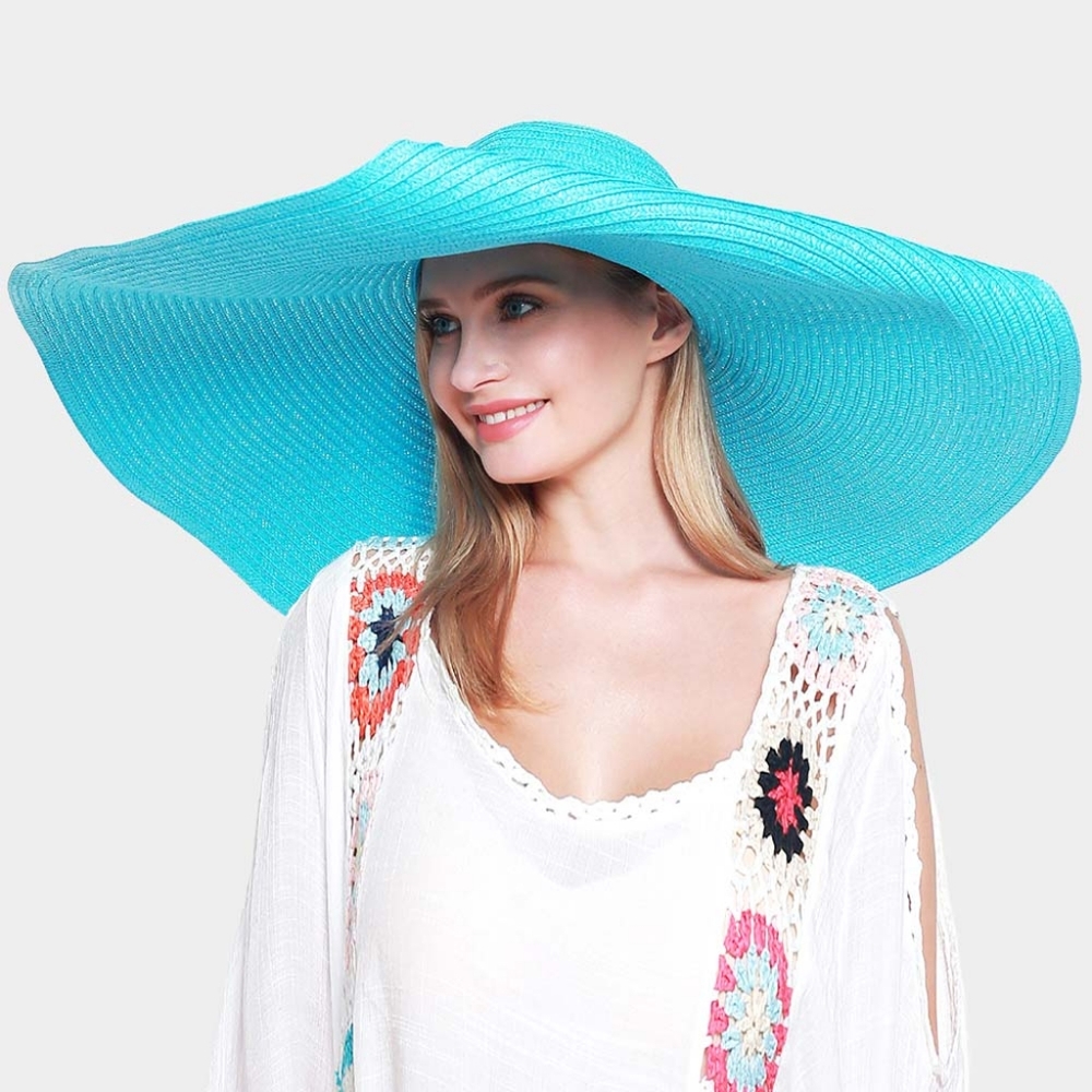 Blue Straw Sun Hat Brim Large Casual Womens Beach Vacation Fashion Accessory